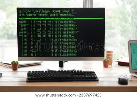 Computer monitor with command line interface at programmer's workplace in office, closeup Royalty-Free Stock Photo #2337697455