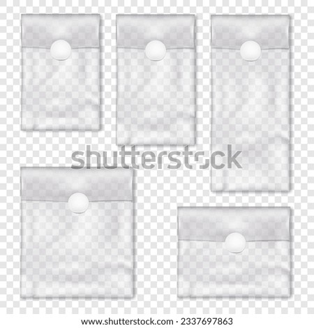 Clear vinyl pouch with white round seal sticker label. Vector mock-up set. Blank empty transparent fold top plastic bag package kit mockup Royalty-Free Stock Photo #2337697863