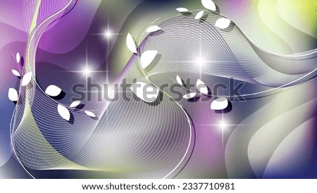 Elegant futuristic wallpaper with floral elements. Smooth branches with leaves, flashes of light, intertwining wavy lines against the background of overlapping abstract shapes, mixing colors. Vector.