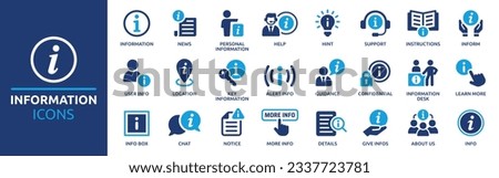 Information icon set. Containing info, help, inform, support, news, about us, instructions and notice icons. Solid icon collection. Vector illustration. Royalty-Free Stock Photo #2337723781