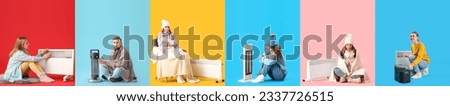 Set of freezing people and portable electric heaters on color background. Concept of heating season