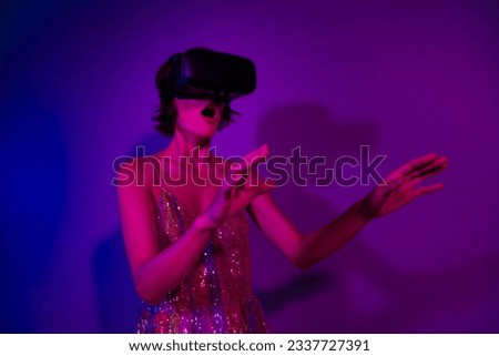 Photo of amazed lady gamer playing on birthday event occasion see visual effect illusion wear vr box isolated neon color background