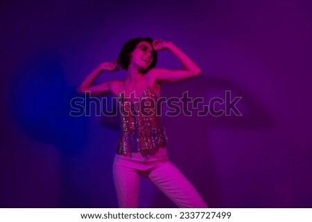 Photo of energetic lady feel carefree on friday after work dance freestyle event occasion isolated bright neon color background