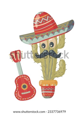 Cinco de mayo, federal holiday in Mexico. Cactus with guitar and sombrero. Isolated on white background. Vector banner. Vector illustration