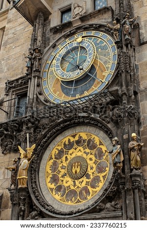 The Prague chimes or Old Town Astronomical Clock is an astronomica clock in Prague, Czech Republic. It was installed in 1410 in the Old Town, on the southern facade of the City Hall on Old Town Square Royalty-Free Stock Photo #2337760215