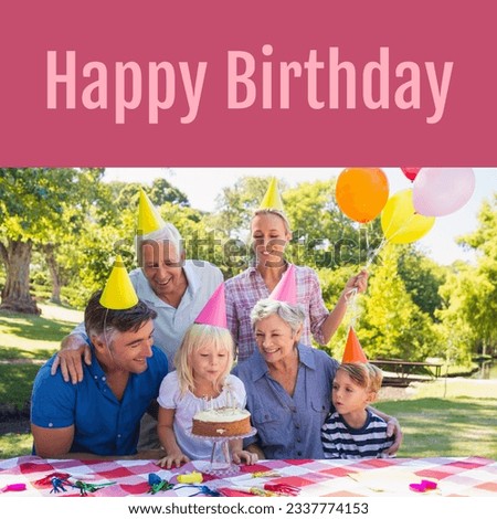 Composite of happy birthday text over happy caucasian family in party hats at birthday party. Party, birthday and celebration concept digitally generated image.