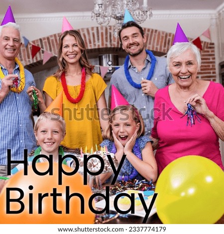 Composite of happy birthday text over happy caucasian family in party hats at birthday party. Party, birthday and celebration concept digitally generated image.