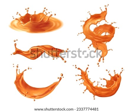 Caramel sauce syrup splashes, swirls and waves with drops. Vector 3d melted toffee, milk candy, liquid chocolate or cream dessert wavy splashes. Flowing orange caramel, sweet toffee candy swirls