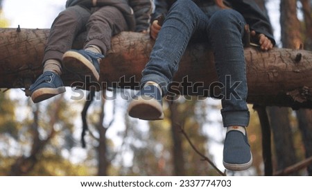 children sitting on tree in the park. happy family childhood dream concept. children dangle their legs while sitting resting on a fallen tree trunk in the forest in the park lifestyle