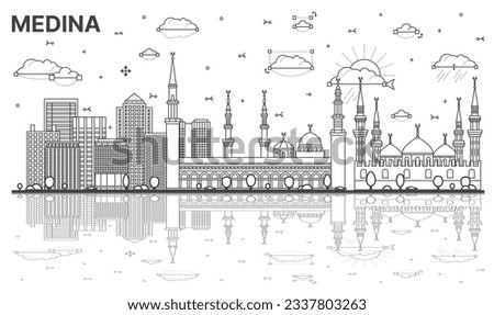 Outline Medina Saudi Arabia City Skyline with Reflections and Historic Buildings Isolated on White. Vector Illustration. Medina Cityscape with Landmarks.