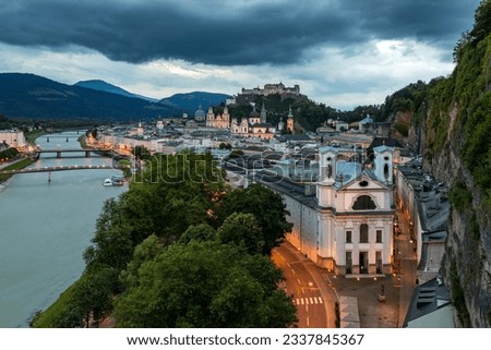 Beautiful view of the historic city of Salzburg with Festung Hohensalzburg in summer, Salzburger Land, Austria. Panoramic summer cityscape of Salzburg, Old City, birthplace of famed composer Mozart.  Royalty-Free Stock Photo #2337845367