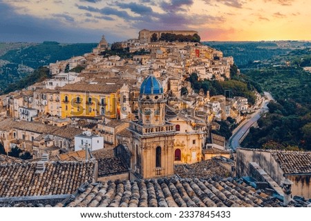 View of Ragusa (Ragusa Ibla), UNESCO heritage town on Italian island of Sicily. View of the city in Ragusa Ibla, Province of Ragusa, Val di Noto, Sicily, Italy.  Royalty-Free Stock Photo #2337845433
