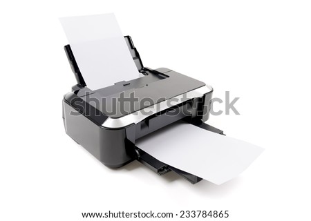 Printer and paper isolated on white background