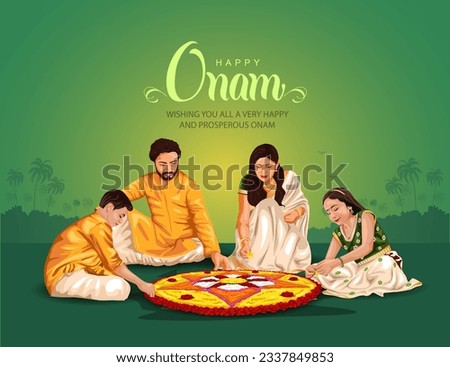 kerala fesival happy onam greetings abstract vector illustration. malayali family making pookalam Royalty-Free Stock Photo #2337849853