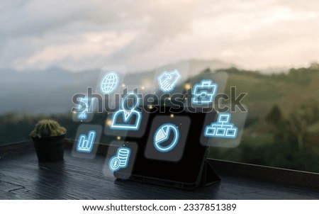 Virtual screen interface with icons and empty space for text. Business, internet and technology background. Royalty-Free Stock Photo #2337851389