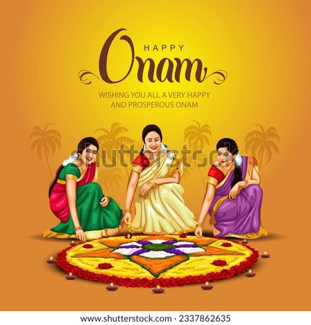 kerala fesival happy onam greetings abstract vector illustration. malayali girls making pookalam Royalty-Free Stock Photo #2337862635