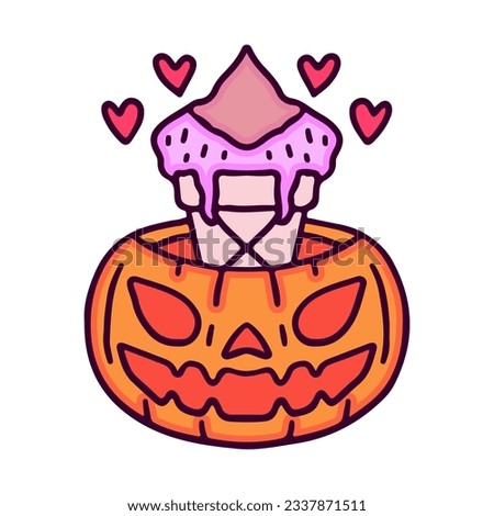 Pumpkin monster with ice cream inside, illustration for t-shirt, sticker, or apparel merchandise. With doodle, retro, and cartoon style.