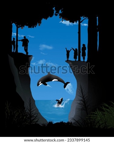 Orcas frolic in the ocean as people gather to watch from cliffs in a shoreline forest in this 3-d illustration about killer whales. A text area is available in the sky and other areas.