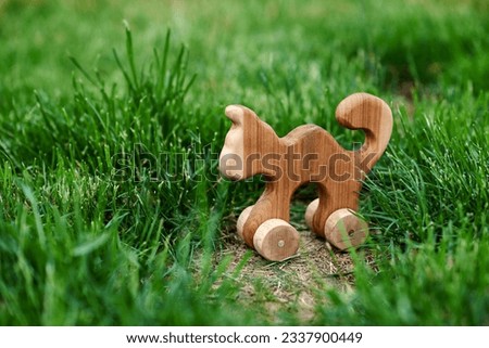 Natural wooden toy made of walnut wood on a green background. High quality photo
