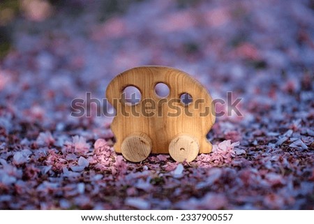 Natural wooden toy made of walnut wood on a green background. High quality photo