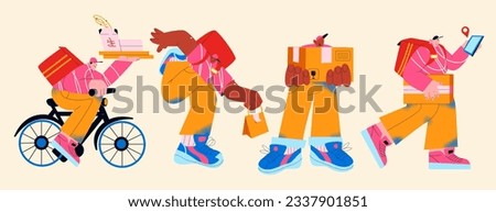 Cartoon characters fast delivery service. Couriers deliveries of food and parcels on bike, e-commerce concept. Online pizza delivery order
