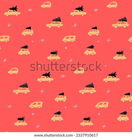 Christmas wrapping paper pattern, christmas tree delivery on car roof. Holidays trafic jam seamless vector background, gold cars on red background. Royalty-Free Stock Photo #2337910617