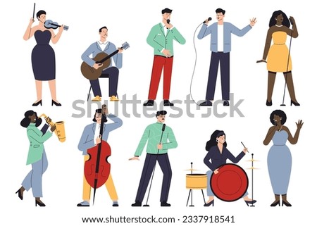 Singers and musicians characters. Cartoon musicians and band members, jazz and rock musicians playing instruments and performing. Vector set of musician and singer illustration