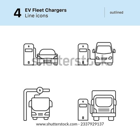 Icon Set of Electrical Vehicles Charging Outlined Vector Line Icons. Set contains Icons of EV Charging for Fleets, Public  Transportation, Truck, Van, Electric car and Fast chargers. Royalty-Free Stock Photo #2337929137