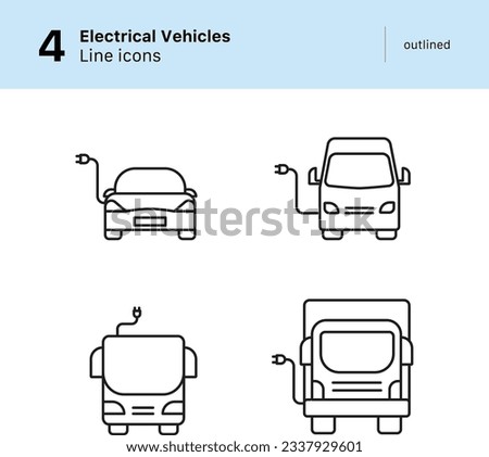 Icon Set of Electrical Vehicles Outlined Vector Line Icons. Set contains Icons of Fleets of Public Transportation bus, Truck, Van and Electric car. Outlined line icons.  Royalty-Free Stock Photo #2337929601