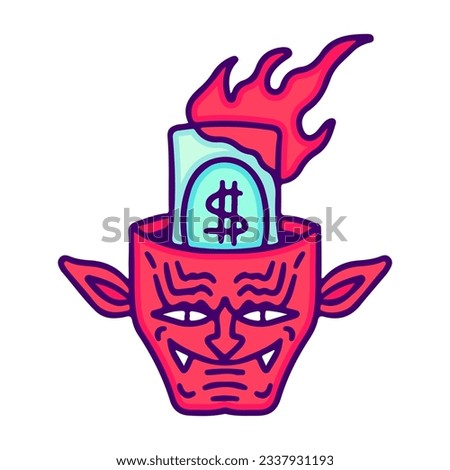Flaming money inside devil head, illustration for t-shirt, sticker, or apparel merchandise. With doodle, retro, and cartoon style.