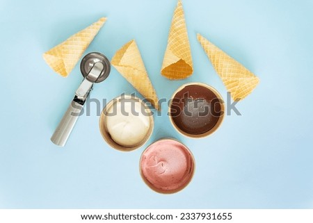 Ice cream in a box with different flavors stands on a blue background along with a metal ice cream scoop and a waffle cone. Selective focus, noise