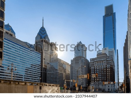 Philadelphia city skyline at sunset in Pennsylvania, USA.