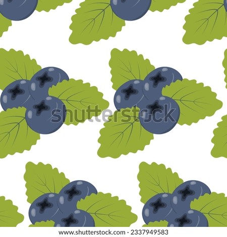 Seamless pattern of 3 blueberries and leaves in trendy shades. Healthy eating. Abstract background