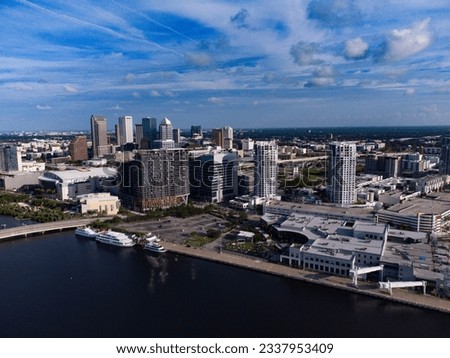 Aerial view from a drone of the bustling skyline of downtown Tampa Florida