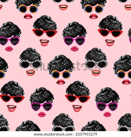 Pattern with modern girls. Collage. Ornament of beautiful portraits of girls. Laughing and cheerful ladies with glasses. For packaging, covers, brochures and flyers, fabrics and prints.