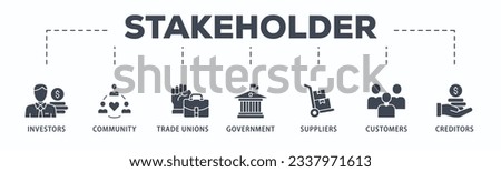 Stakeholder relationship banner web icon vector illustration concept for stakeholder, investor, government, and creditors with icon of community, trade unions, suppliers, and customers Royalty-Free Stock Photo #2337971613