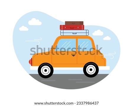 A yellow car with a suitcase on the roof and drives the street, heading to town for a summer holiday together. Design art. Vector flat illustration
