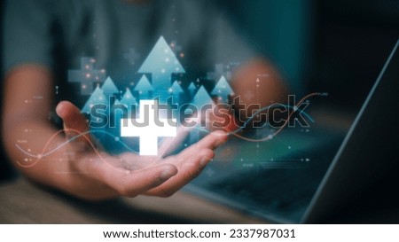 Businesswoman showing plus icons and up arrow icons. Interest Rates Stocks Finance Ratings Mortgage Rates. Concept of financial interest rates and dividends provision of financial services. 