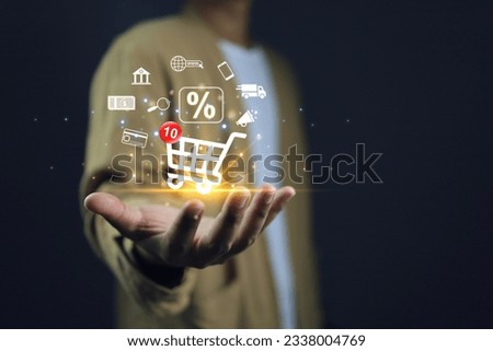 Man or customer add products to card while online shopping at store. e-commerce marketing supplier offer discount and free shipping delivery to home. Marketplace platform and digital marketing concept