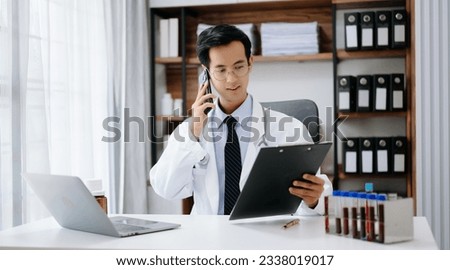 Man doctor phone call, healthcare talking and medical service writing sick note, surgery planning and prescription.and clinical report test results