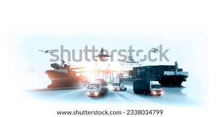 Global business logistics import export of containers cargo freight ship loading at port by crane, container transport, cargo plane, truck to port background Royalty-Free Stock Photo #2338034799