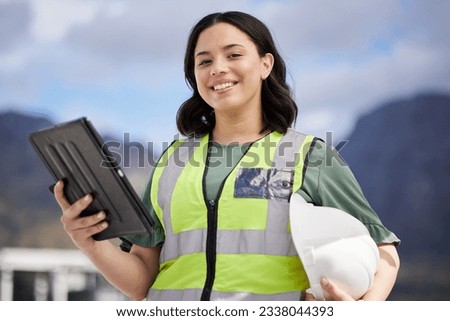 Portrait, engineering and woman with a tablet, outdoor and planning with website information, safety and connection. Female person, architect or employee with technology, online reading or inspection Royalty-Free Stock Photo #2338044393