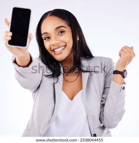 Phone, screen and portrait of happy woman in studio with news, discount or sale promotion on white background. Smartphone, mockup and face of excited female with coming soon, sign up or contact info