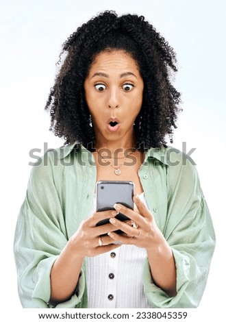 Phone, wow or woman with surprise gossip or fake news isolated on a white background in studio. Girl, blog search or shocked person reading scam on social media post, mobile app or promo announcement