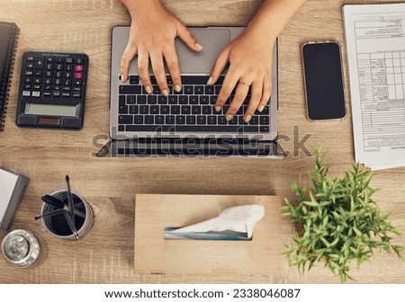 Laptop, calculator and business person hands for financial application, taxes management and accounting online. computer, finance data and accountant or worker with company or audit information above