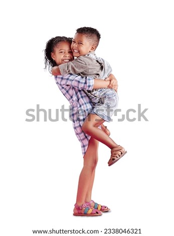 Love, smile and sister with brother, hug and portrait isolated against a transparent background. Face, siblings or children embrace, happiness and cheerful with quality time, png and bonding with joy