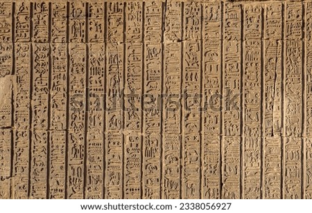 Beautiful ancient egyptian hieroglyphs carved on the walls of Kom Ombo temple in Aswan, Egypt Royalty-Free Stock Photo #2338056927