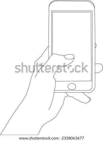 One line drawing hand holding mobile and outline vector on white background