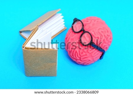 Close-up of a cute character made from a human brain model and nerdy glasses reads books isolated on blue background. Education and discovery joy concept.