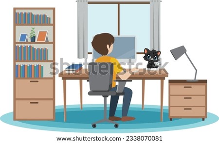 Man working at the table with a cat illustration